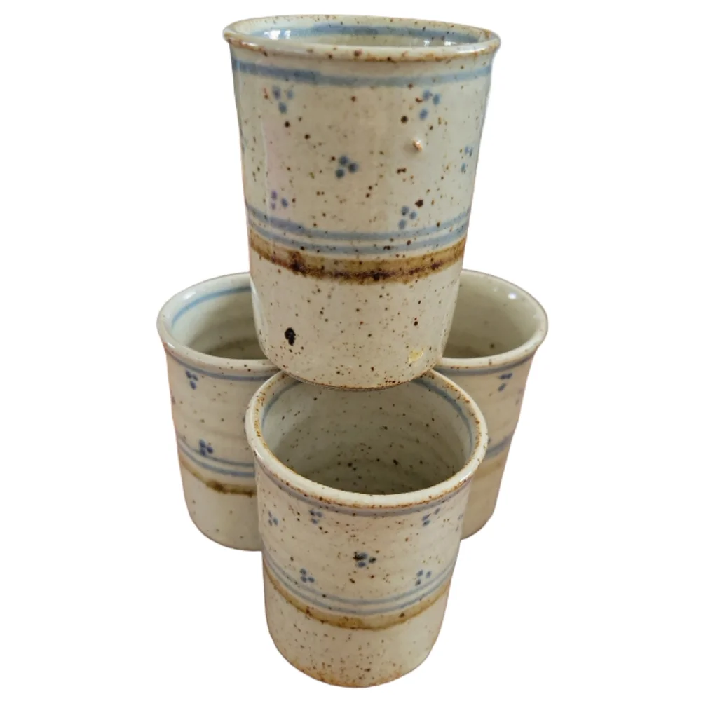 Vtg Hand Crafted Signed Stone Pottery Wine Bottle 4 Glasses Cups